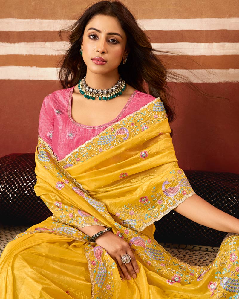 Bright Yellow Designer Crushed Tissue Saree With Thread Embroidery-Diamond Work And Cut Work Embroidery Border