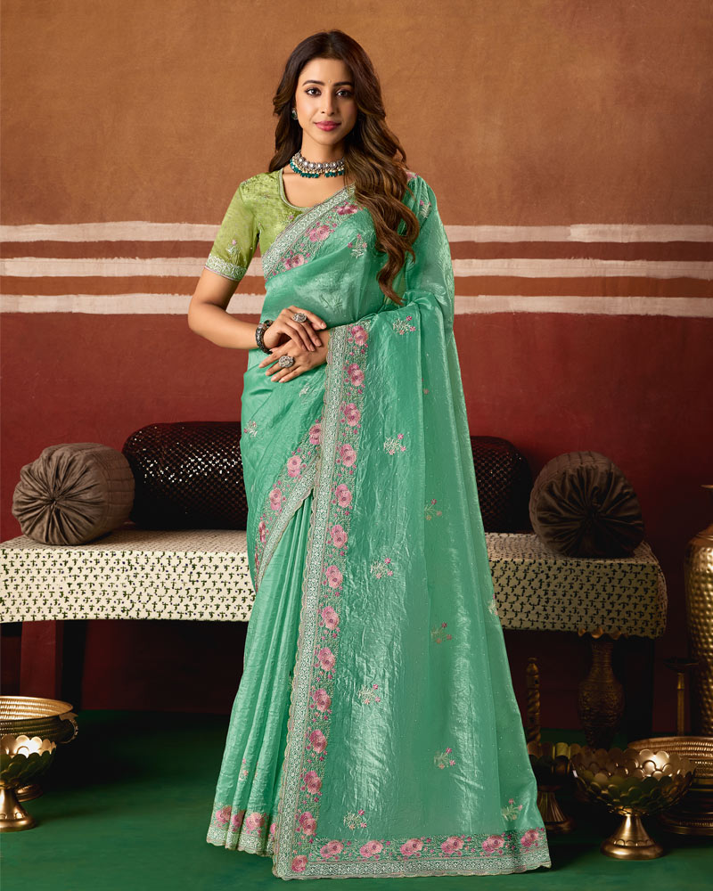 Teal Green Designer Crushed Tissue Saree With Thread Embroidery-Diamond Work And Cut Work Embroidery Border