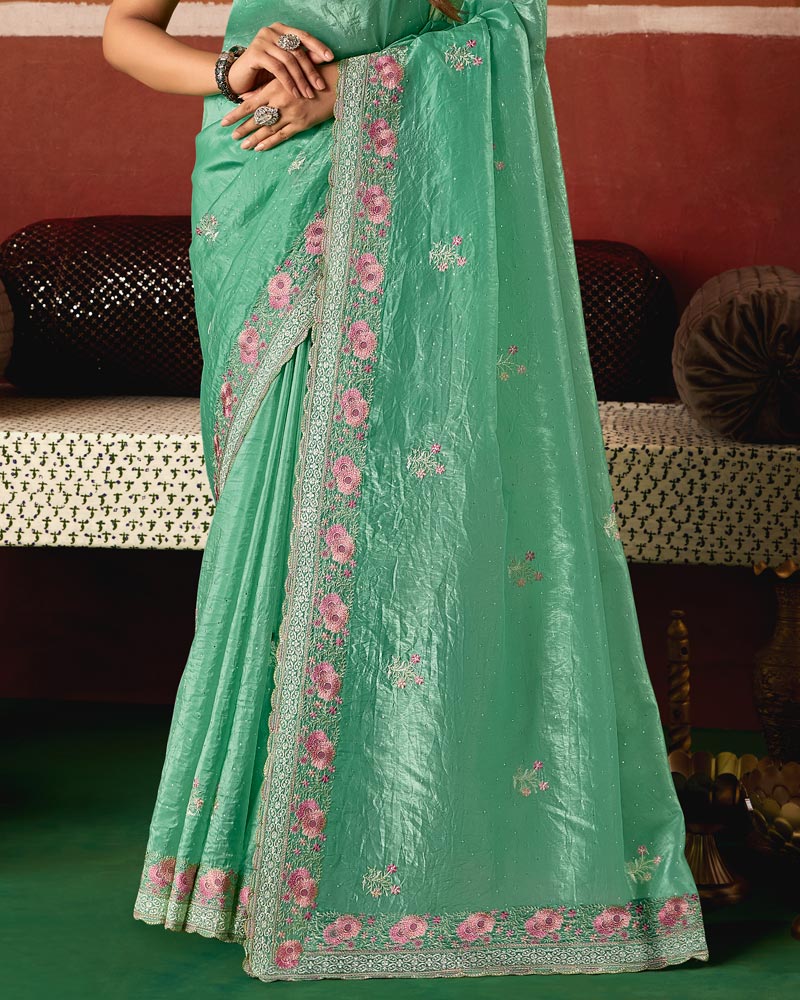 Teal Green Designer Crushed Tissue Saree With Thread Embroidery-Diamond Work And Cut Work Embroidery Border