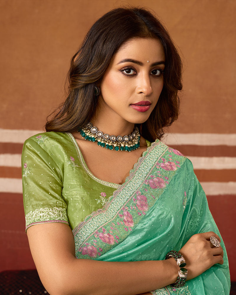 Teal Green Designer Crushed Tissue Saree With Thread Embroidery-Diamond Work And Cut Work Embroidery Border