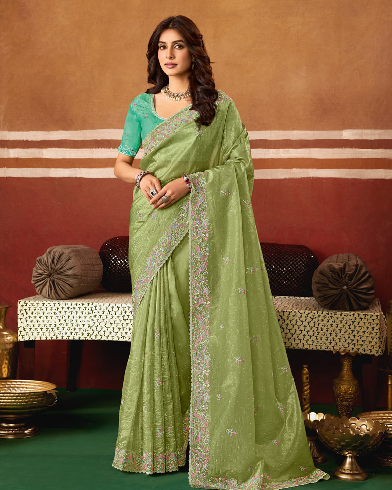 Pista Green Designer Crushed Tissue Saree With Thread Embroidery-Diamond Work And Cut Work Embroidery Border