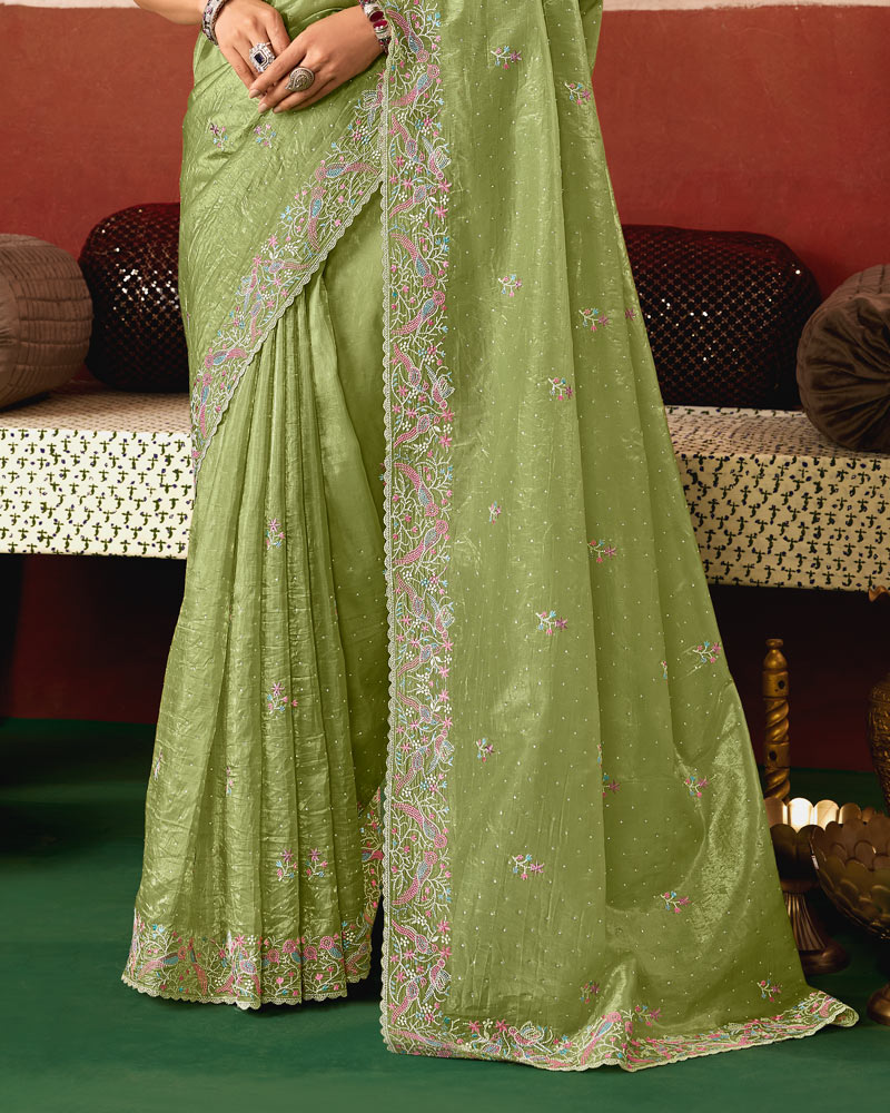 Pista Green Designer Crushed Tissue Saree With Thread Embroidery-Diamond Work And Cut Work Embroidery Border