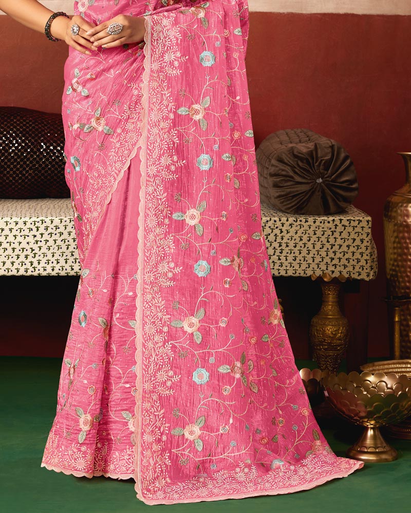 Bright Fushia Pink Designer Crushed Tissue Saree With Thread Embroidery-Diamond Work And Cut Work Embroidery Border