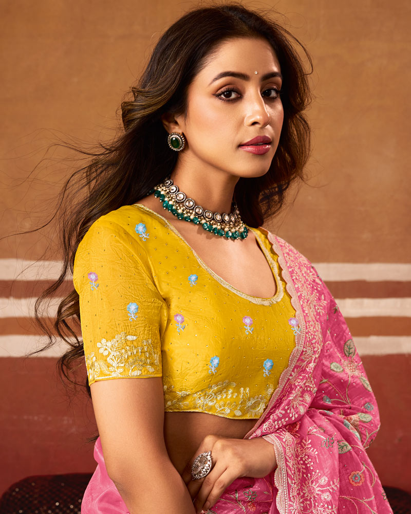 Bright Fushia Pink Designer Crushed Tissue Saree With Thread Embroidery-Diamond Work And Cut Work Embroidery Border