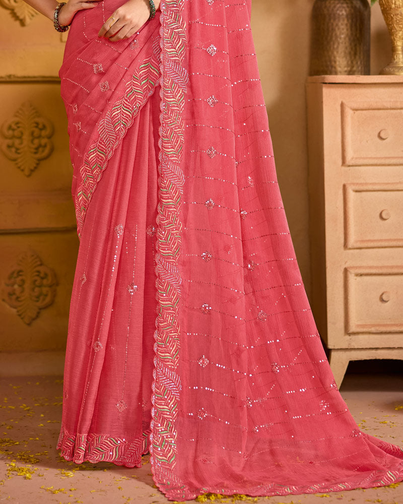 Light Carmine Pink Designer Fancy Chiffon Saree With Embroidery-Diamond-Moti Work And Cut Work Border