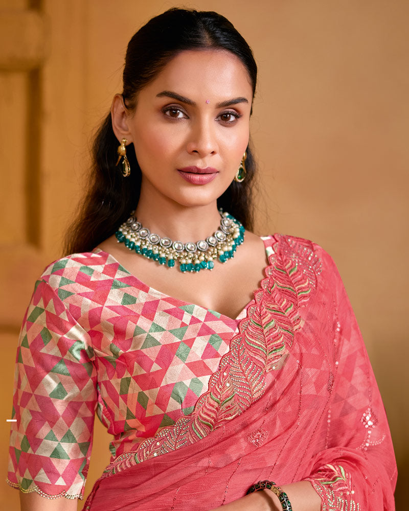Light Carmine Pink Designer Fancy Chiffon Saree With Embroidery-Diamond-Moti Work And Cut Work Border