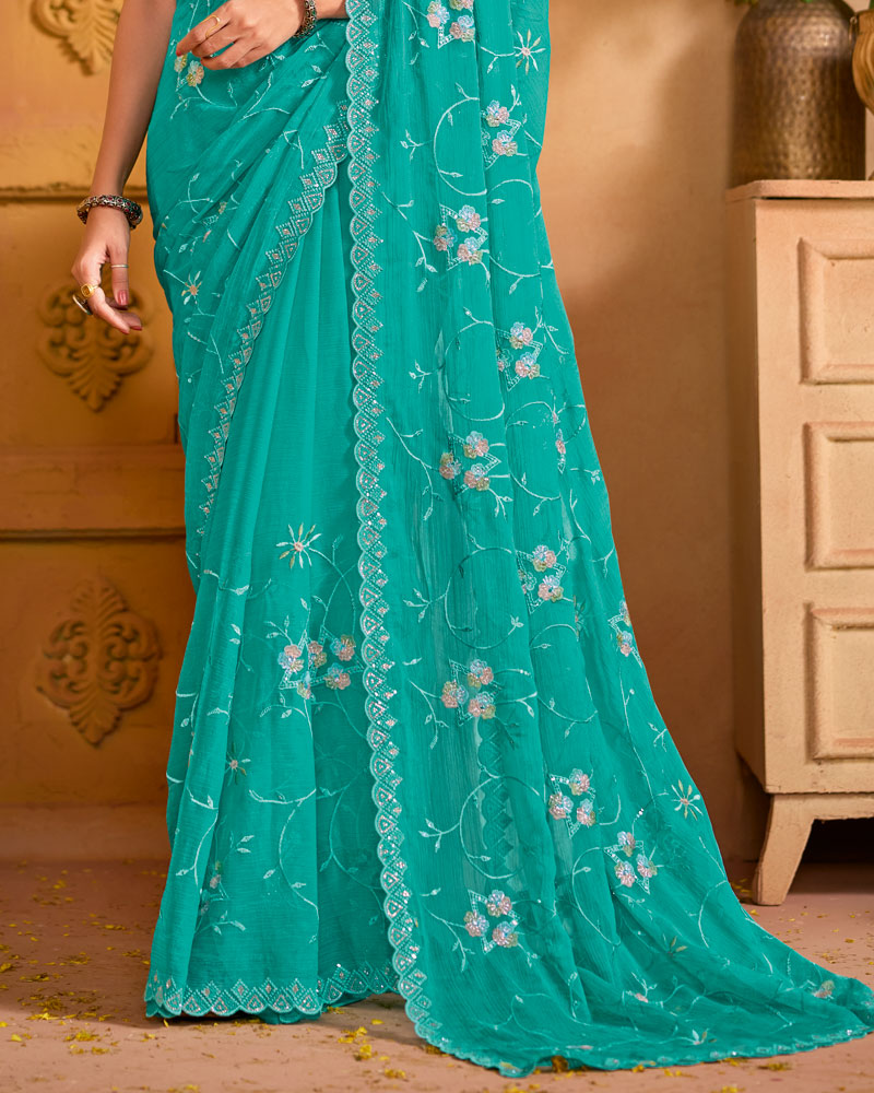 Persian Green Designer Fancy Chiffon Saree With Embroidery-Diamond-Moti Work And Cut Work Border