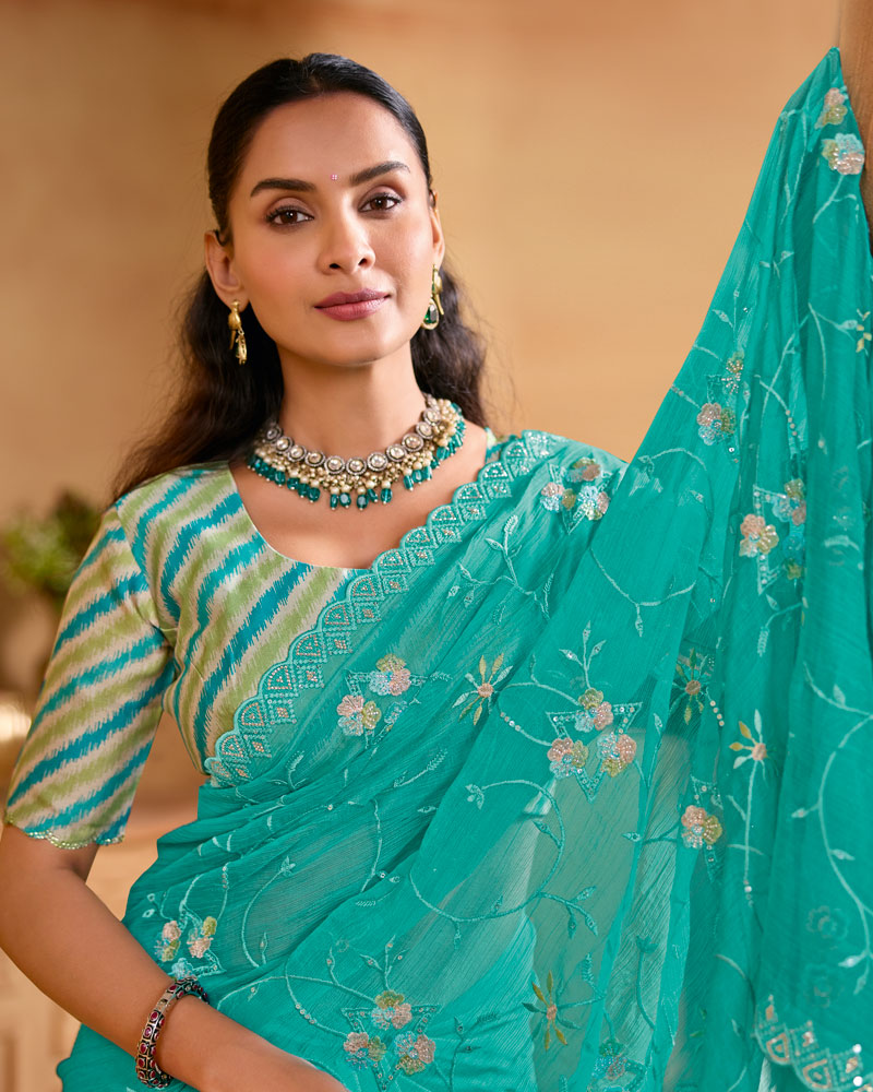 Persian Green Designer Fancy Chiffon Saree With Embroidery-Diamond-Moti Work And Cut Work Border