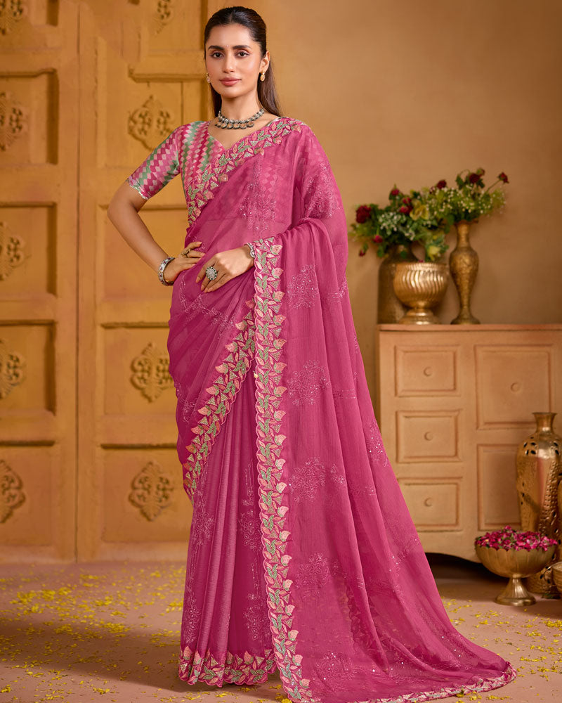 Dusty Rose Pink Designer Fancy Chiffon Saree With Embroidery-Diamond-Moti Work And Cut Work Border