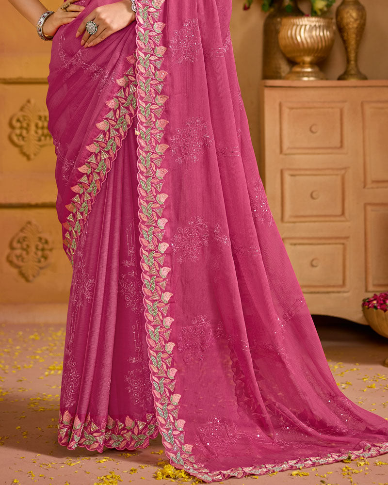 Dusty Rose Pink Designer Fancy Chiffon Saree With Embroidery-Diamond-Moti Work And Cut Work Border