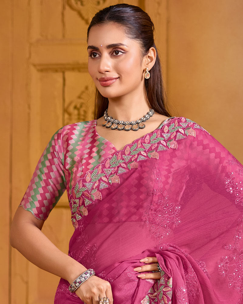 Dusty Rose Pink Designer Fancy Chiffon Saree With Embroidery-Diamond-Moti Work And Cut Work Border