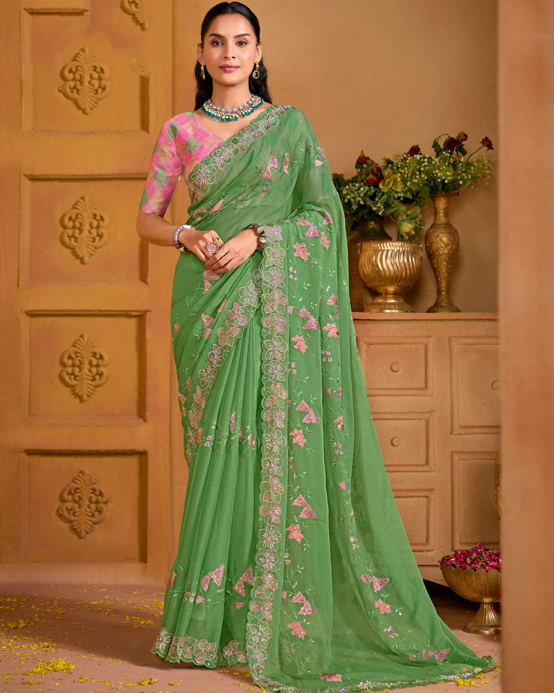 Moss Green Designer Fancy Chiffon Saree With Embroidery-Diamond-Moti Work And Cut Work Border