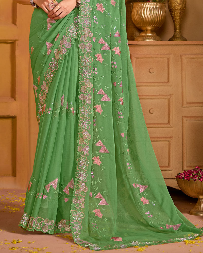 Moss Green Designer Fancy Chiffon Saree With Embroidery-Diamond-Moti Work And Cut Work Border
