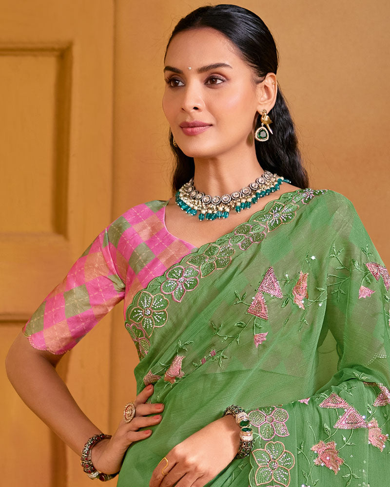 Moss Green Designer Fancy Chiffon Saree With Embroidery-Diamond-Moti Work And Cut Work Border