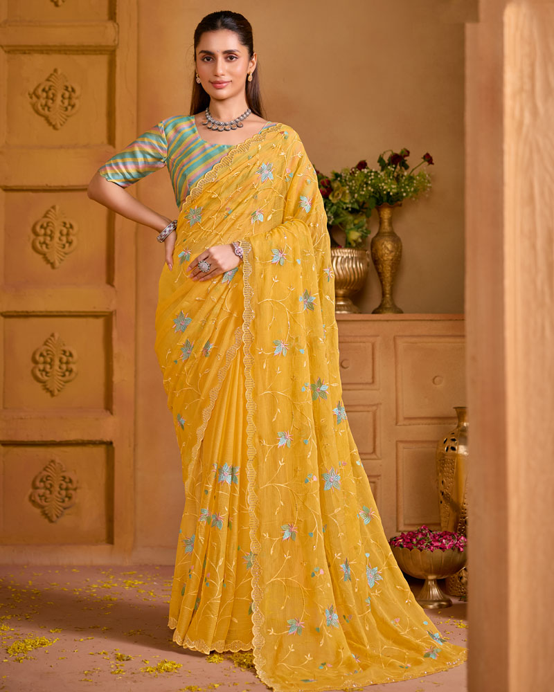 Mustard Yellow Designer Fancy Chiffon Saree With Embroidery-Diamond-Moti Work And Cut Work Border