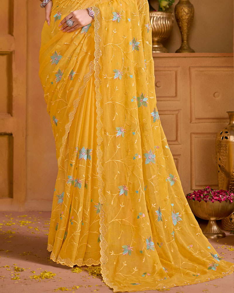 Mustard Yellow Designer Fancy Chiffon Saree With Embroidery-Diamond-Moti Work And Cut Work Border