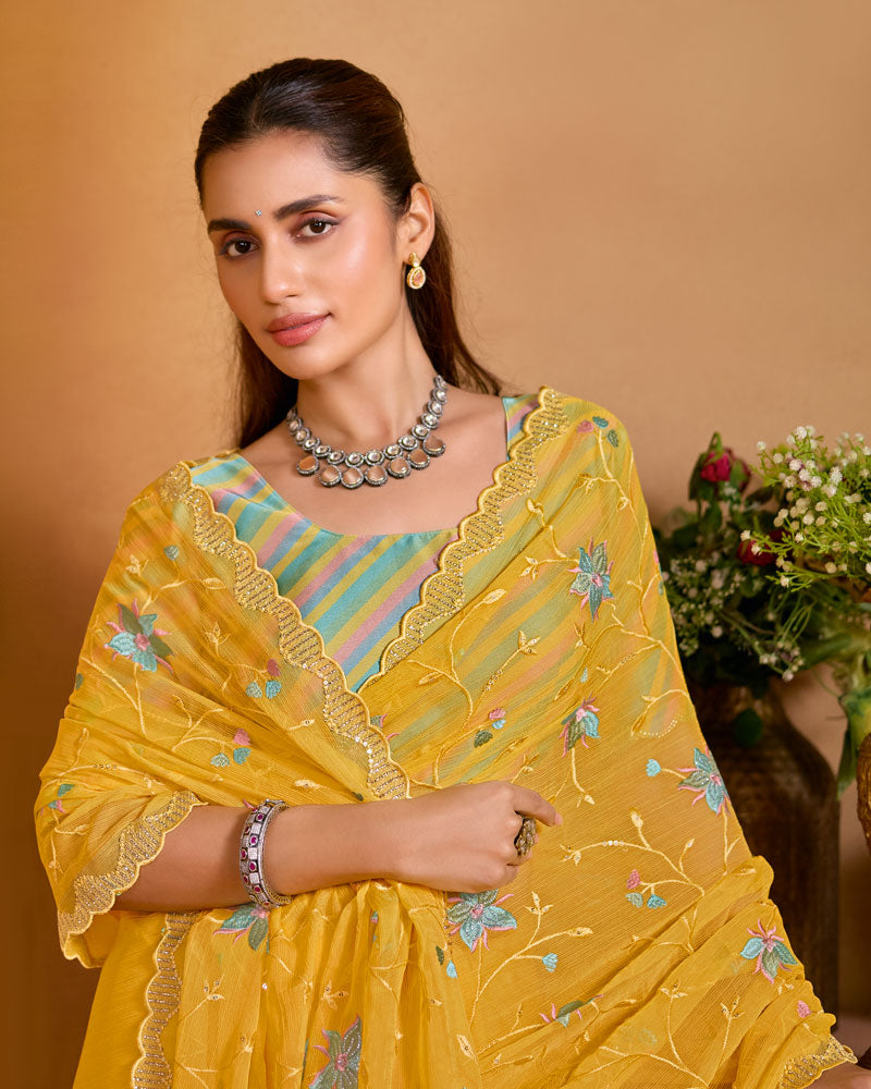 Mustard Yellow Designer Fancy Chiffon Saree With Embroidery-Diamond-Moti Work And Cut Work Border