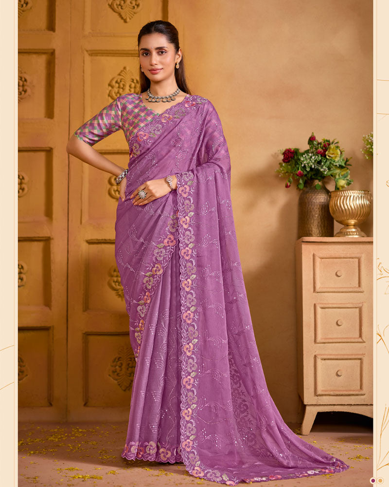 Dusty Purple Designer Fancy Chiffon Saree With Embroidery-Diamond-Moti Work And Cut Work Border