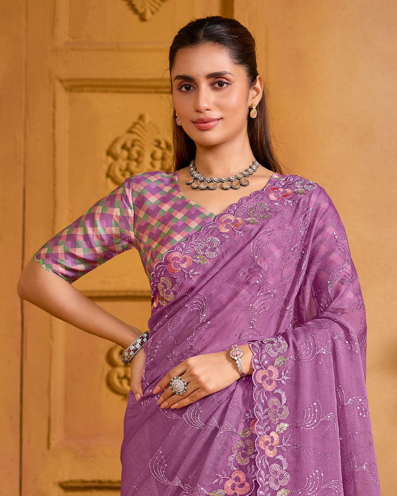 Dusty Purple Designer Fancy Chiffon Saree With Embroidery-Diamond-Moti Work And Cut Work Border