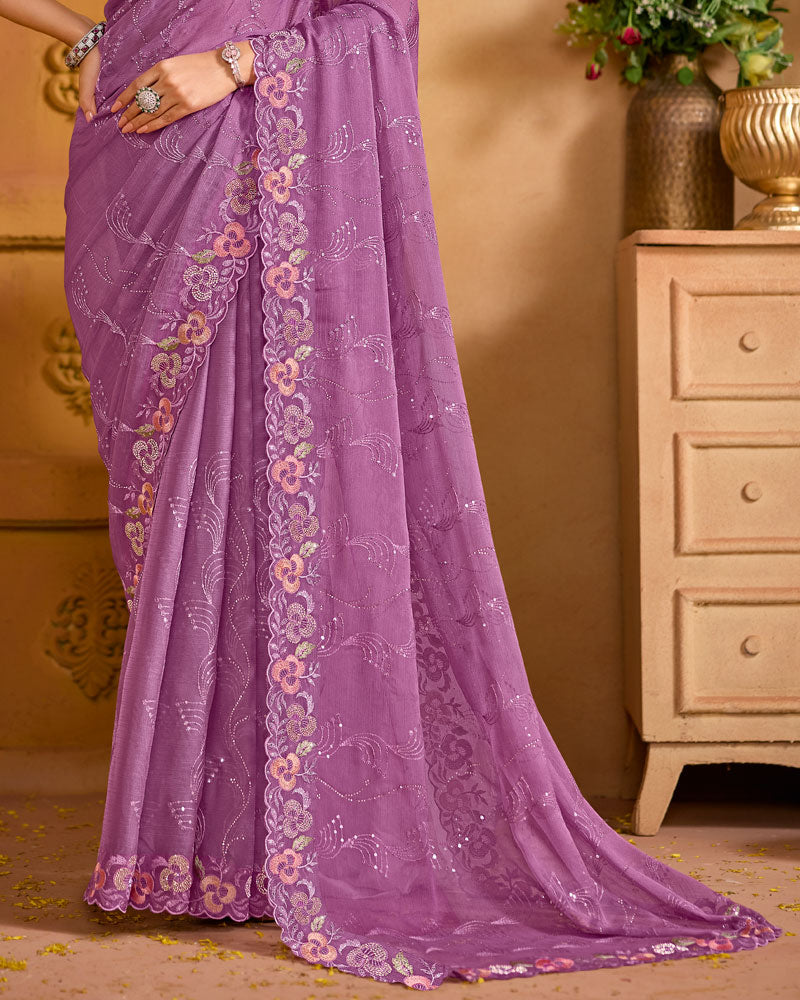 Dusty Purple Designer Fancy Chiffon Saree With Embroidery-Diamond-Moti Work And Cut Work Border