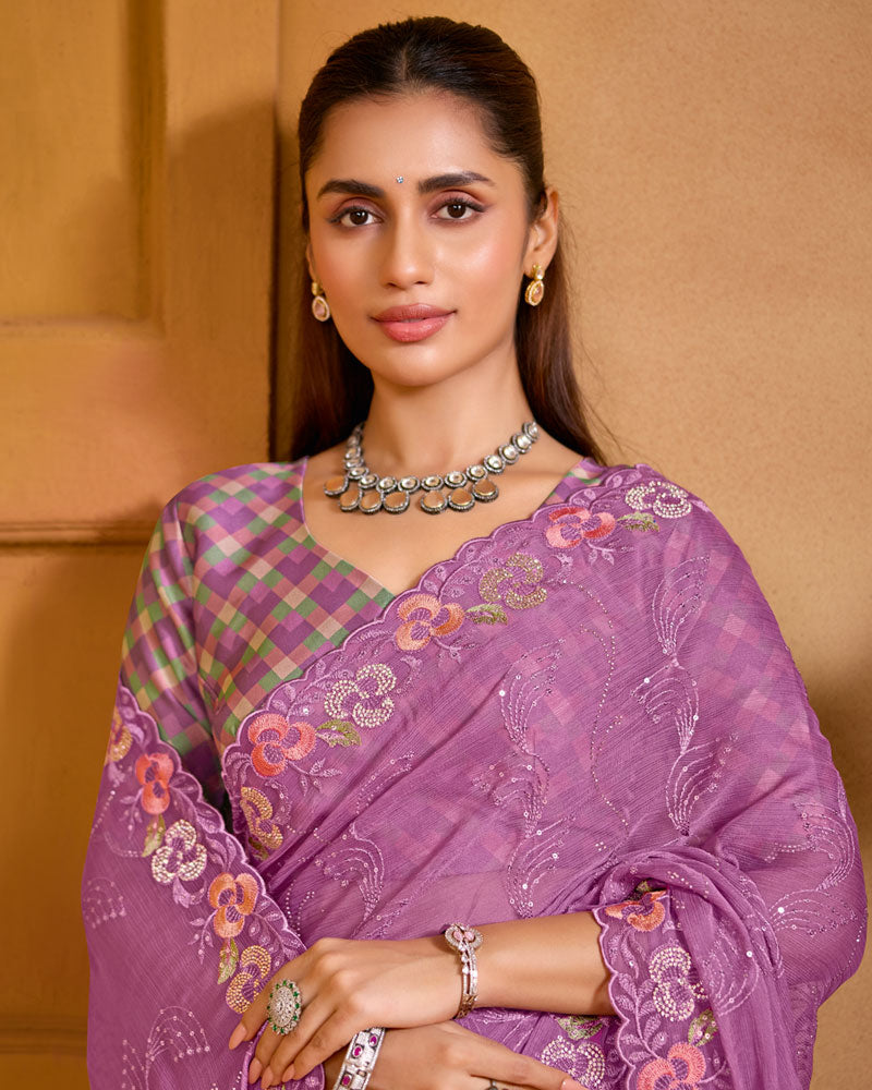 Dusty Purple Designer Fancy Chiffon Saree With Embroidery-Diamond-Moti Work And Cut Work Border