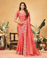 Light Carmine Pink Designer Gold Crush Saree With Embroidery-Diamond Work And Cut Work Border
