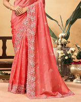Light Carmine Pink Designer Gold Crush Saree With Embroidery-Diamond Work And Cut Work Border