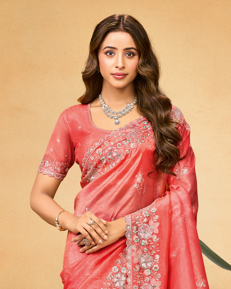 Light Carmine Pink Designer Gold Crush Saree With Embroidery-Diamond Work And Cut Work Border