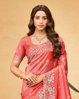 Light Carmine Pink Designer Gold Crush Saree With Embroidery-Diamond Work And Cut Work Border