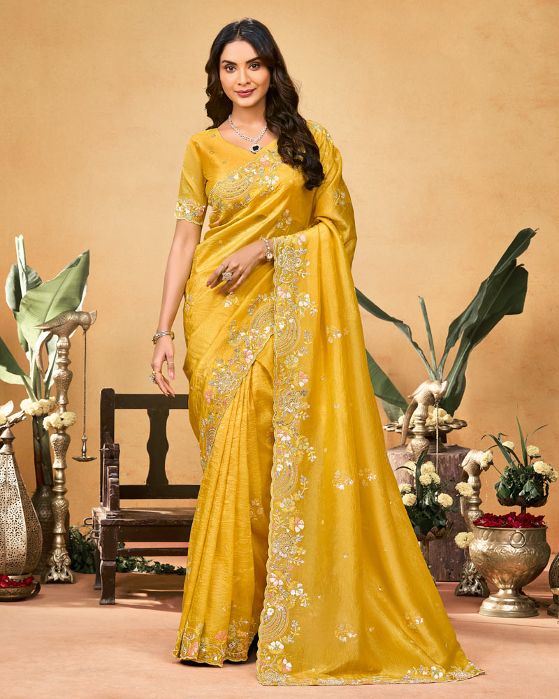 Tulip Yellow Designer Gold Crush Saree With Embroidery-Diamond Work And Cut Work Border