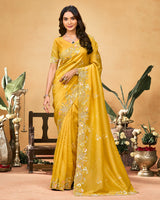 Tulip Yellow Designer Gold Crush Saree With Embroidery-Diamond Work And Cut Work Border
