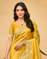 Tulip Yellow Designer Gold Crush Saree With Embroidery-Diamond Work And Cut Work Border