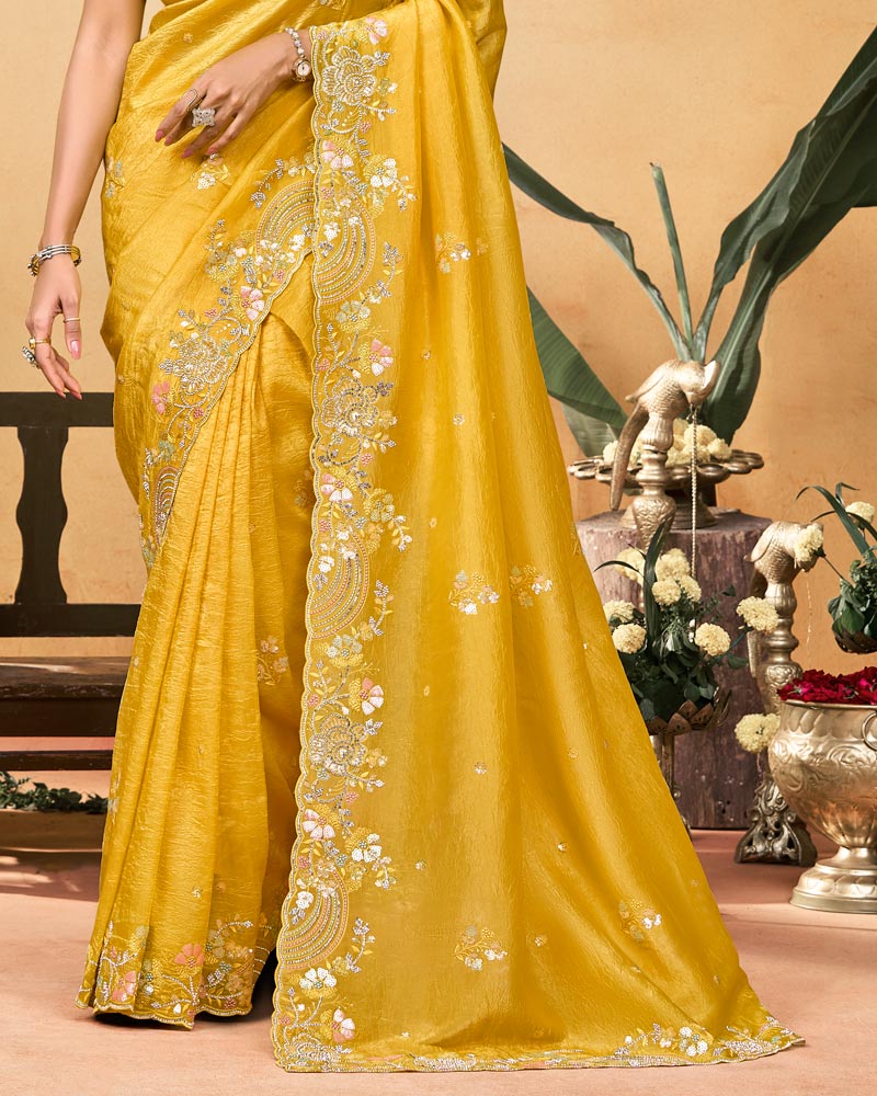Tulip Yellow Designer Gold Crush Saree With Embroidery-Diamond Work And Cut Work Border