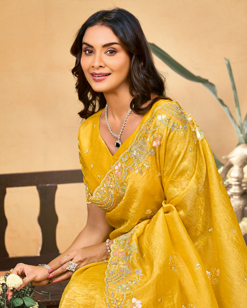Tulip Yellow Designer Gold Crush Saree With Embroidery-Diamond Work And Cut Work Border
