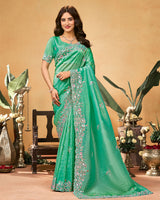 Mint Green Designer Gold Crush Saree With Embroidery-Diamond Work And Cut Work Border