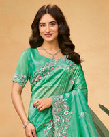 Mint Green Designer Gold Crush Saree With Embroidery-Diamond Work And Cut Work Border