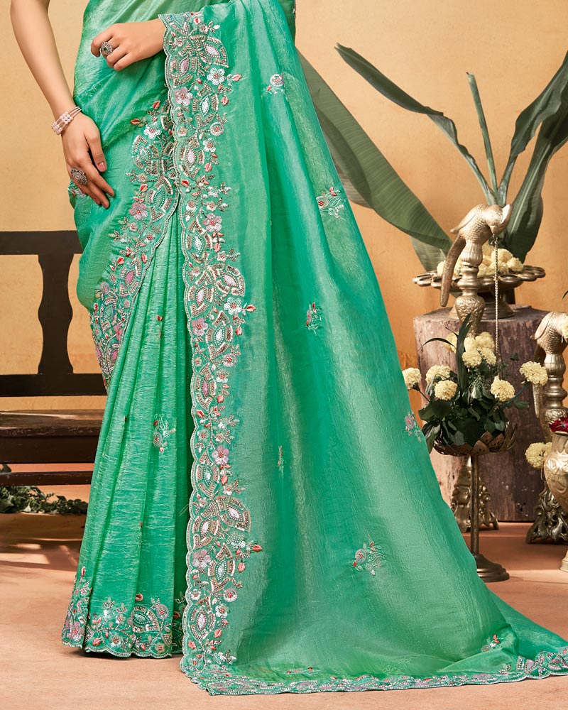 Mint Green Designer Gold Crush Saree With Embroidery-Diamond Work And Cut Work Border