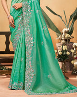 Mint Green Designer Gold Crush Saree With Embroidery-Diamond Work And Cut Work Border