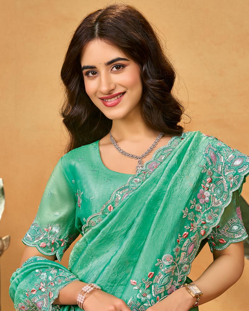 Mint Green Designer Gold Crush Saree With Embroidery-Diamond Work And Cut Work Border