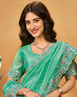 Mint Green Designer Gold Crush Saree With Embroidery-Diamond Work And Cut Work Border