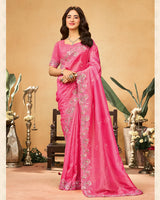 Rosy Pink Designer Gold Crush Saree With Embroidery-Diamond Work And Cut Work Border