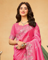 Rosy Pink Designer Gold Crush Saree With Embroidery-Diamond Work And Cut Work Border