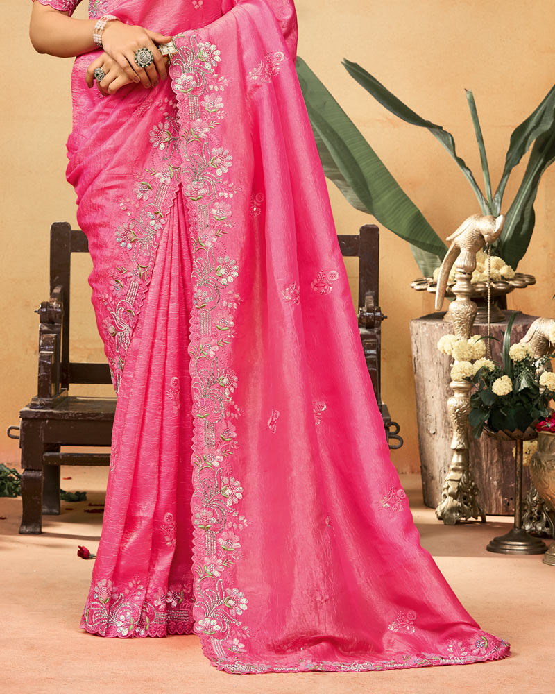Rosy Pink Designer Gold Crush Saree With Embroidery-Diamond Work And Cut Work Border