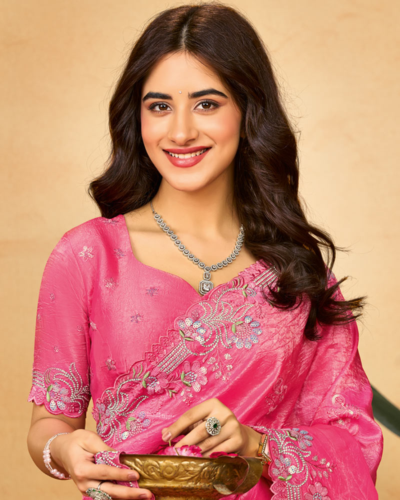 Rosy Pink Designer Gold Crush Saree With Embroidery-Diamond Work And Cut Work Border
