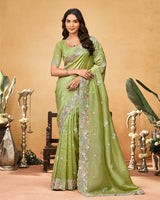 Light Olive Green Designer Gold Crush Saree With Embroidery-Diamond Work And Cut Work Border