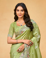 Light Olive Green Designer Gold Crush Saree With Embroidery-Diamond Work And Cut Work Border