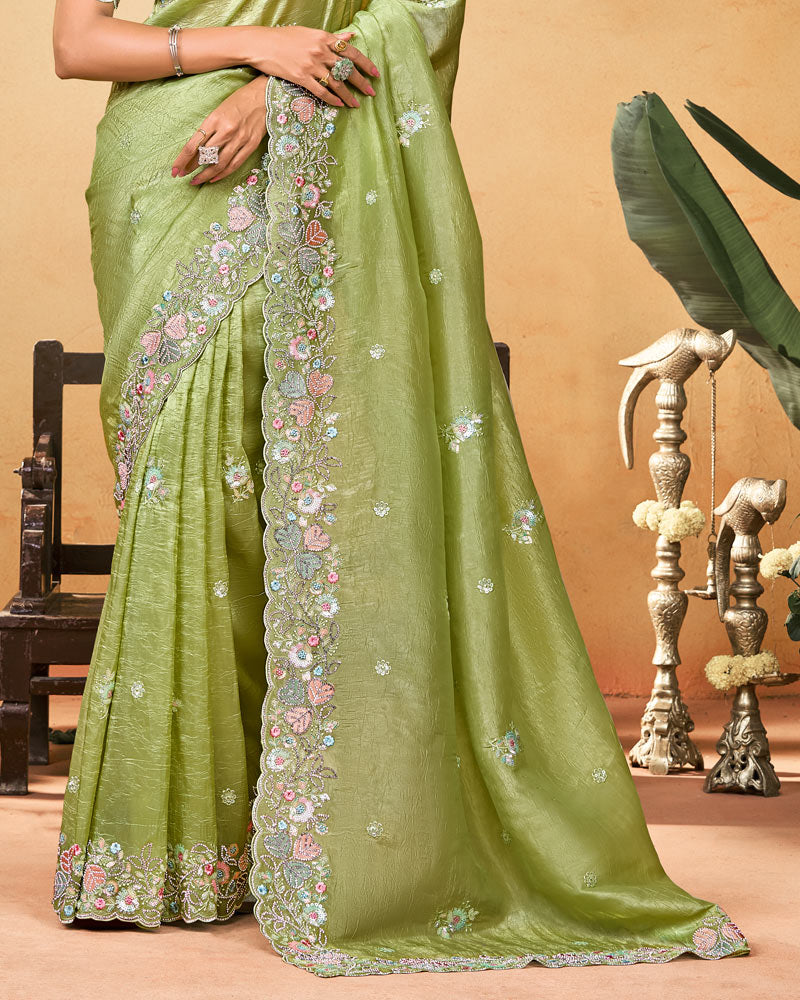 Light Olive Green Designer Gold Crush Saree With Embroidery-Diamond Work And Cut Work Border