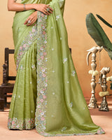 Light Olive Green Designer Gold Crush Saree With Embroidery-Diamond Work And Cut Work Border