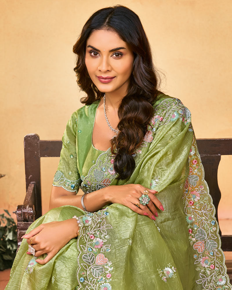 Light Olive Green Designer Gold Crush Saree With Embroidery-Diamond Work And Cut Work Border