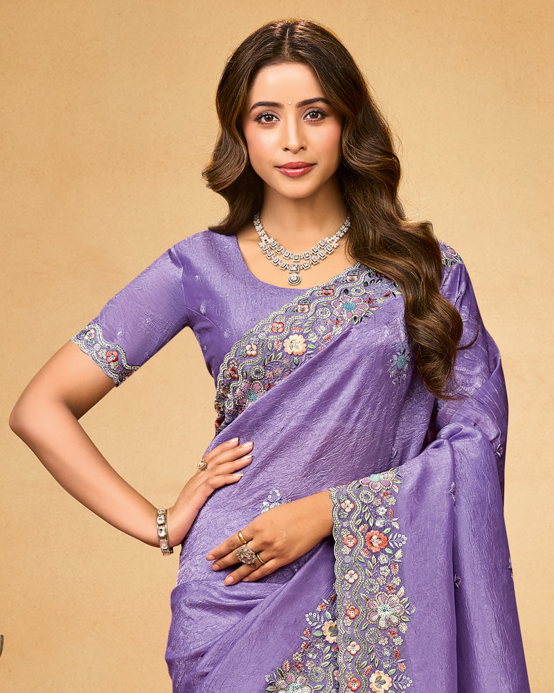 Pastel Purple Designer Gold Crush Saree With Embroidery-Diamond Work And Cut Work Border